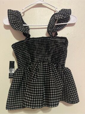 Smocked Black Check Ruffle Strap Blouse